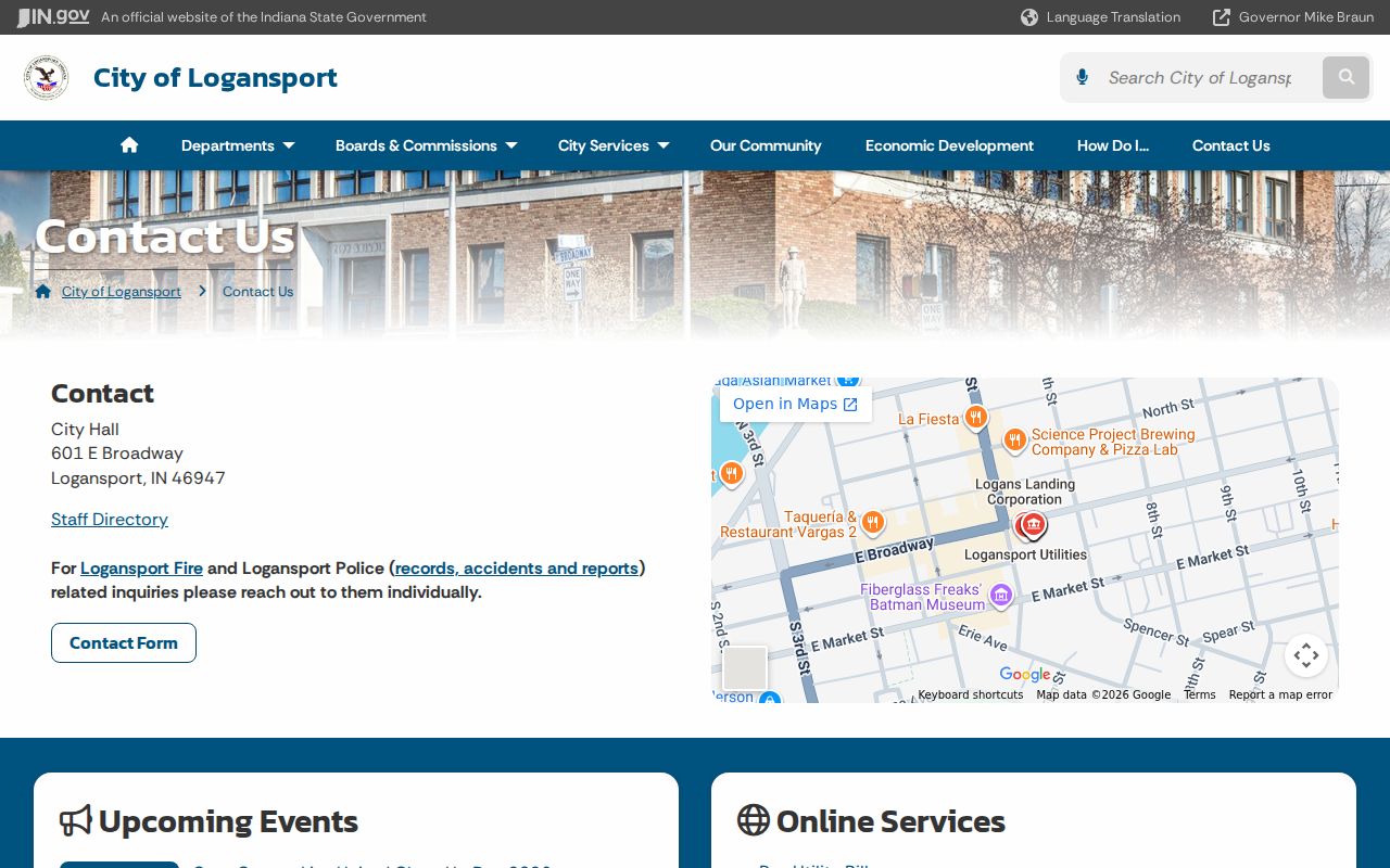 Official Logansport City Hall contact page for city government routing