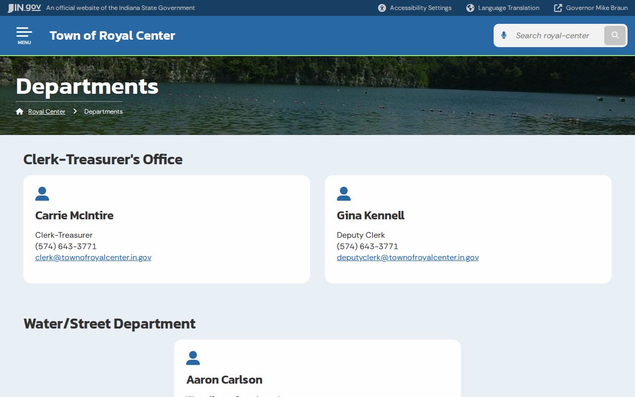 Royal Center departments page showing Town Marshal contact information