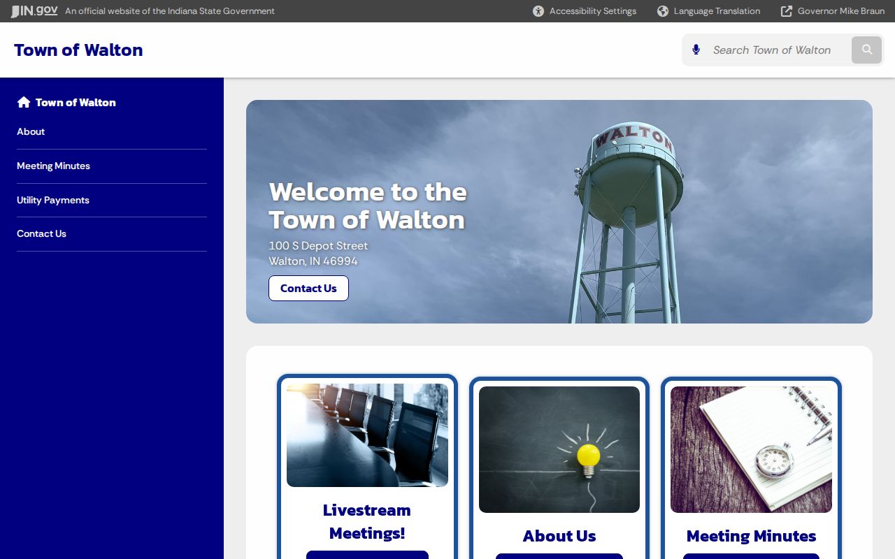 Official Walton Town Hall page showing the South Depot Street contact