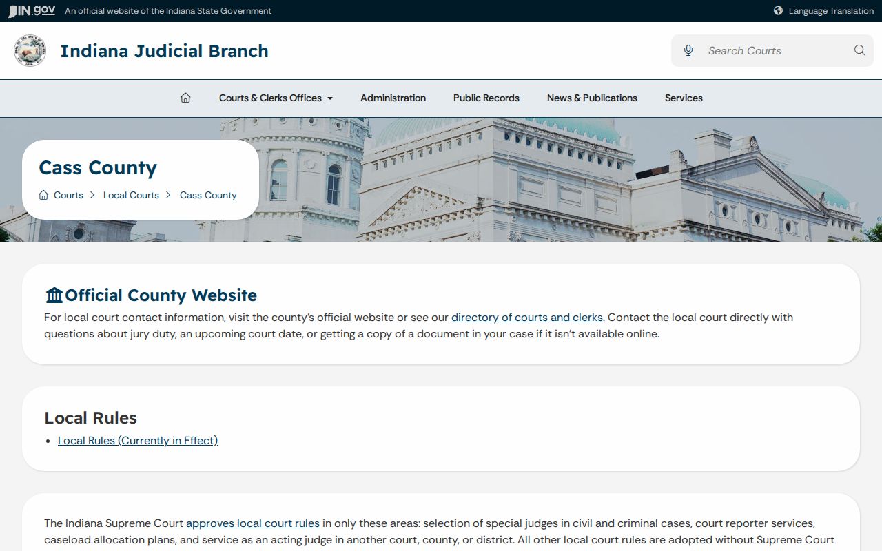 Cass County municipal warrant route through the Indiana Judicial Branch court page